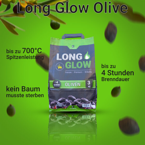 Long Glow Olive 3 kg Premium Grillbriketts | Made in Spain
