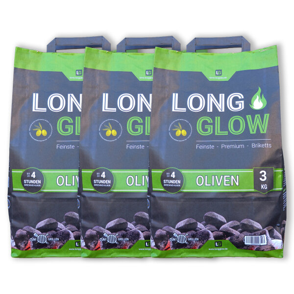 9 kg Long Glow Olive Premium Grillbriketts | Made in Spain